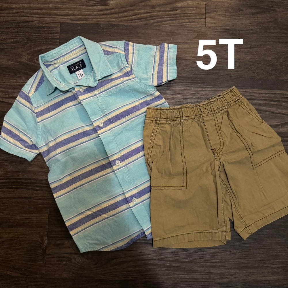 Aqua Striped Shirt and Khaki Shorts Set size 5T